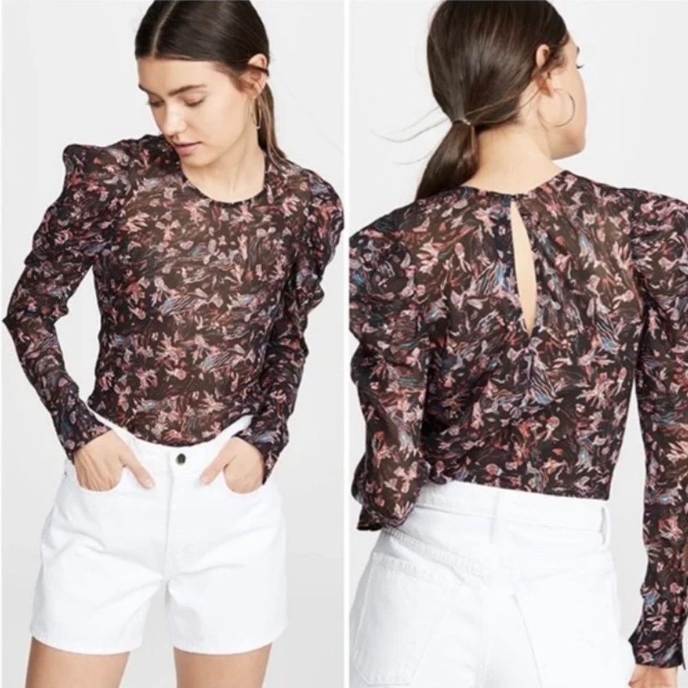 IRO Paris Lou Sheer Black Floral Long Puff Sleeve Tunic Top